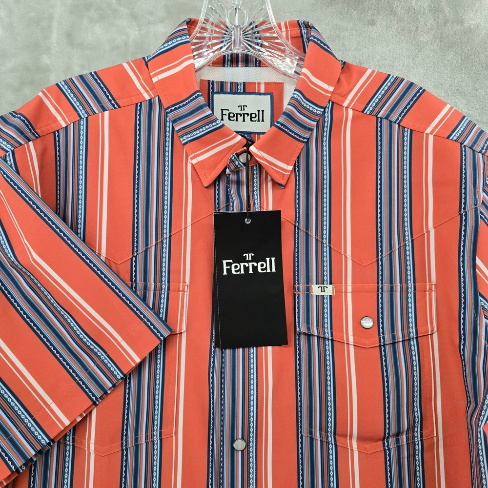 Ferrell Western Shirt Mens Medium Orange Striped Short Sleeve Pearl Snap